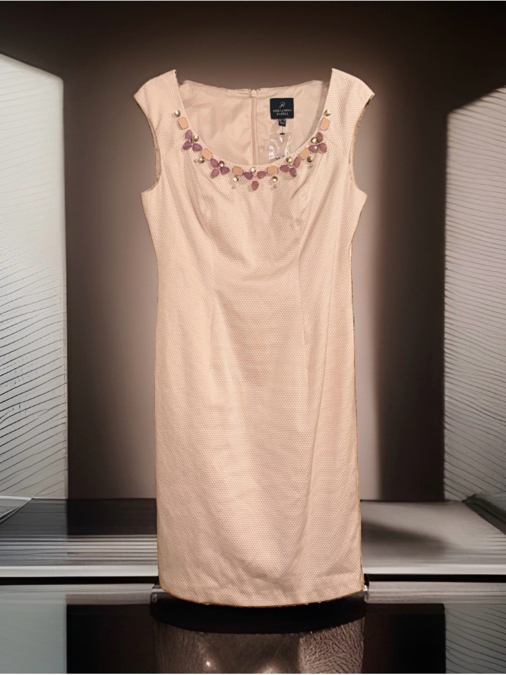 NWT Adrianna Papell Blush Pink Beaded Neck Textured Sheath Dress-4